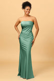 Mermaid Strapless Floor Length Satin Bridesmaid Dress with Open Back