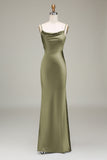 Sheath Spaghetti Straps Long Satin Bridesmaid Dress