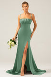 Dark Green Sheath Spaghetti Straps Pleated Long Bridesmaid Dress With Slit