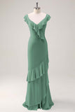 Dusty Sage Sheath V Neck Open Back Chiffon Long Bridesmaid Dress with Ruffles