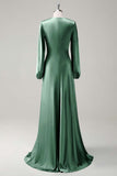 Agave A-Line Round Neck Satin Long Bridesmaid Dress with Long Sleeves