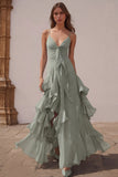 Dusty Blue Spaghetti Straps Chiffon A-Line Ruffled Bridesmaid Dress