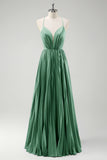 Grey Green A-Line Spaghetti Straps Pleated Long Bridesmaid Dress With Lace Up Back
