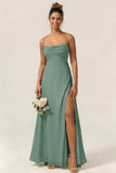 Green Flower A Line Spaghetti Straps Chiffon Long Bridesmaid Dress with Slit