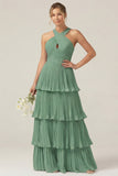 Lilac Halter Keyhole A Line Tiered Ruffle Pleated Bridesmaid Dress