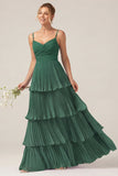 Dark Green A Line Ruched Pleated Spaghetti Straps Tiered Bridesmaid Dress