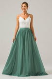 A-Line Spaghetti Straps Pleated Long Bridesmaid Dress With Lace