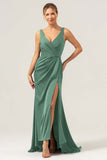Burgundy Mermaid V Neck Ruched High-Low Long Satin Bridesmaid Dress with Slit