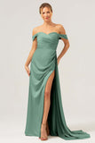 Stylish Dark Green Mermaid Off The Shoulder Pleated Satin Long Bridesmaid Dress with Slit