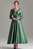 A Line Grey Blue V-Neck Mother Of the Bride Dress with Long Sleeves