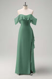 Light Green Sheath Off The Shoulder Chiffon Long Bridesmaid Dress with Ruffle Slit