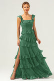 Dark Navy A Line Square Neck Tiered Long Chiffon Bridesmaid Dress with Ruffles