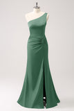 Elegant Mermaid One Shoulder Pleated Backless Bridesmaid Dress with Slit