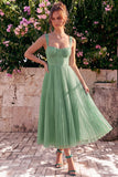 Light Blue A Line Corset Pleated Square Neck Wedding Guest Dress