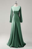 Agave A-Line Round Neck Satin Long Bridesmaid Dress with Long Sleeves