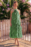 Lake Blue Halter A Line 3D Flower Wedding Guest Dress with Ruffles