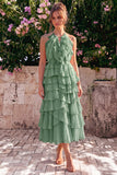 Pink Halter A Line Tiered Ruffle Midi Wedding Guest Dress