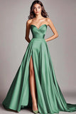 Strapless Satin A Line Long Formal Dress With Slit