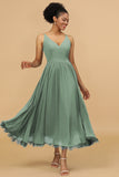 A Line Spaghetti Straps Floor-Length Chiffon Bridesmaid Dress with Ruffles