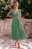 Dusty Rose V Neck A Line Ruffle Pleated Midi Wedding Guest Dress