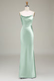 Sheath Spaghetti Straps Long Satin Bridesmaid Dress