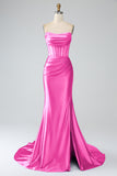 Mermaid Strapless Pleated Corset Long Royal Blue Prom Dress with Slit