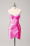 Sparkly Pink Spaghetti Straps Corset Pleated Short Tight Homecoming Dress with Beading