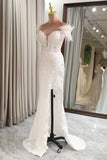 White Mermaid Off The Shoulder Feathers Wedding Dress with Slit