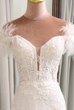 White Mermaid Off The Shoulder Feathers Wedding Dress with Slit