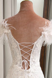 White Mermaid Off The Shoulder Feathers Wedding Dress with Slit