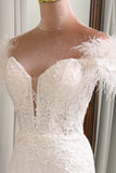 White Mermaid Off The Shoulder Feathers Wedding Dress with Slit