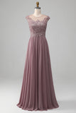 Sparkly Dusk A-Line Round Neck Sequin Chiffon Floor-Length Dress