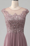 Sparkly Dusk A-Line Round Neck Sequin Chiffon Floor-Length Dress