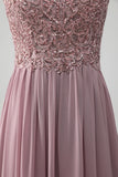 Sparkly Dusk A-Line Round Neck Sequin Chiffon Floor-Length Dress