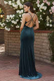 Black Mermaid Velvet Cross Back Formal Dress with Slit