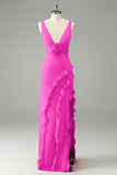 Lime Sheath V Neck Floral Open Back Bridesmaid Dress with Ruffle Slit