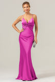 Purple Mermaid Spaghetti Straps Front Pleated Long Bridesmaid Dress