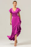 A Line V Neck Asymmetrical Dark Green Bridesmaid Dress with Ruffle Slit
