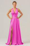 Pink A Line Deep V Neck Lace Up Back Long Satin Bridesmaid Dress with Slit