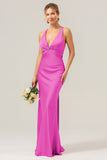 Pink Mermaid Deep V Neck Ruched Long Bridesmaid Dress with Lace Up Back