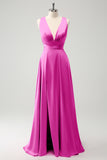 Pink A Line Deep V Neck Backless Long Bridesmaid Dress with Slit
