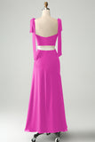 Fuchsia A Line Spaghetti Straps Floor Length Bridesmaid Dress with Slit