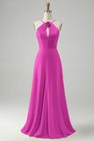 Stylish Yellow A Line Halter Pleated Long Bridesmaid Dress with Flower