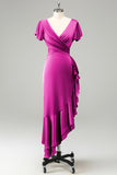 Elegant Dusty Sage A Line V Neck Short Sleeves Asymmetrical Bridesmaid Dress with Ruffles