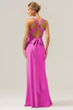 Pink Mermaid Deep V Neck Ruched Long Bridesmaid Dress with Lace Up Back
