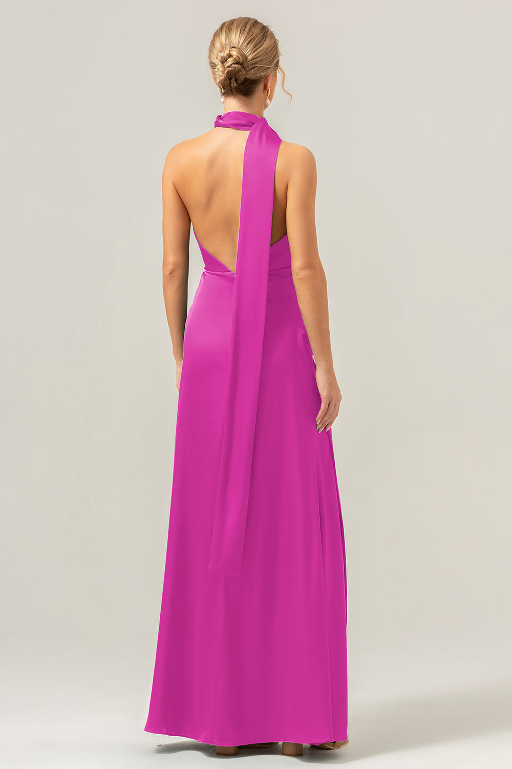 Wedtrend Women Peacock Satin Bridesmaid Dress with Streamer Sheath Deep V Neck Open Back Long Wedding Guest Dress, Fuchsia / US22W