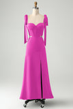 Fuchsia A Line Spaghetti Straps Floor Length Bridesmaid Dress with Slit