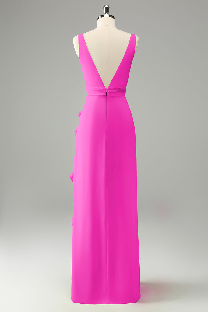 V-neck Bridesmaid Dress with Cross Back Fuchsia Plus Size
