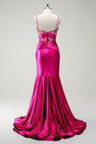 Dark Green Mermaid Spaghetti Straps Satin Prom Dress with Sheer Corset Bodice