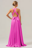 Pink A Line Deep V Neck Lace Up Back Long Satin Bridesmaid Dress with Slit